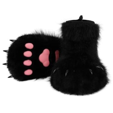 Imagem de hbbhml Pantufas felpudas de animais, urso, gato, lobo, cachorro, raposa, pele, pés, patas e garras, acessórios de fantasia para adultos e crianças, Preto 2, Tamanho Único