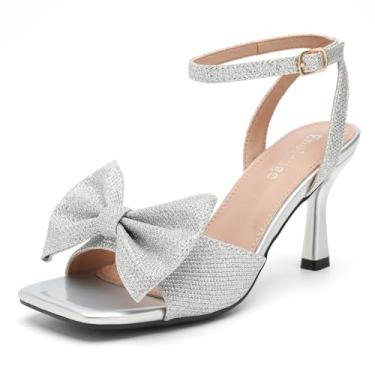 Imagem de Enelauge Sandália feminina com nó de laço, tira no tornozelo, bico aberto, salto gatinho, confortável, vestido de festa de casamento, Prata, 37