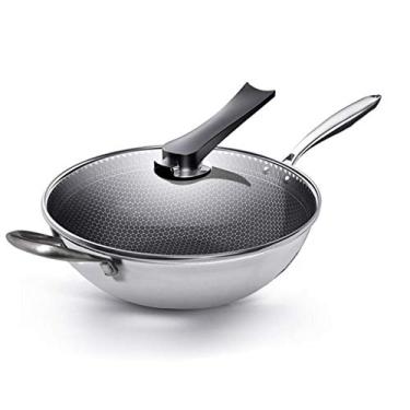 Imagem de Conjuntos de panelas frigideira sem fumaça frigideira antiaderente frigideira de aço inoxidável wok favo de mel com tampa de vidro, frigideira de cozinha (tamanho : 32 cm)