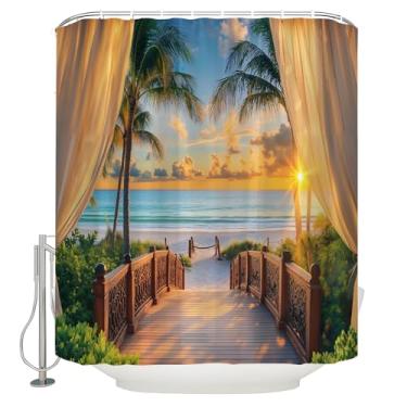 Imagem de JOFKAXU Cortina de chuveiro com tema de praia, oceano, litoral, nascer do sol, ponte, litoral, havaiano, paisagem moderna, paisagem natural, cortina de banheiro com ganchos, 187 x 178 cm