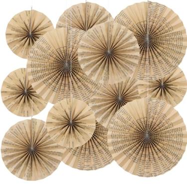 Imagem de Feifeiya 12 ventiladores de papel vintage para pendurar livros 20 cm, 30 cm, 40,6 cm, páginas vintage, conjunto de leques de papel para pendurar em jornal kraft, decorações para biblioteca, clube