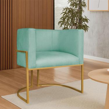 Imagem de Poltrona Dália Luxo Moderna Estofada Design Sofisticado Com Base De Ferro Dourado Suede Cor Azul Ciano