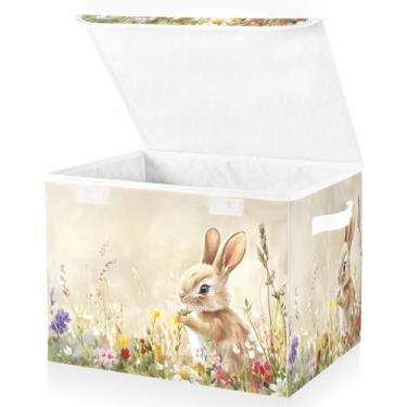Imagem de senya Cestas de Páscoa Caixas de armazenamento dobráveis com tampas, flores coelho pintura a óleo caixas de armazenamento cestas de roupas para organizar