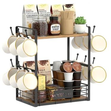 Imagem de CWYEYE Suporte de caneca de café com 12 ganchos, suporte de copo de café de 2 camadas com prateleira e cesta de armazenamento, organizador de canecas de cozinha para decoração de bar e cozinha