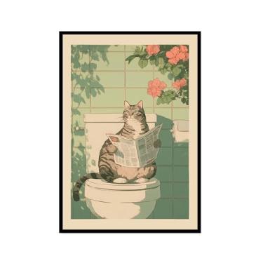 Imagem de Tela de arte de parede de banheiro japonês com gatos lidos jornal pôster de flores abstratas impressões de animais engraçados pintura zen minimalista decoração de banheiro spa para casa de banho