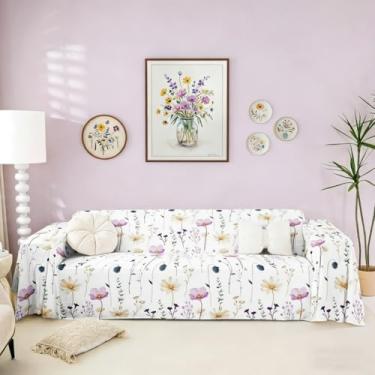 Imagem de Capa de sofá floral em aquarela com flores roxas e bege, 180 x 259 cm, protetor de sofá branco minimalista moderno, rústico, lavável, antiderrapante, para sala de estar, protetor de móveis