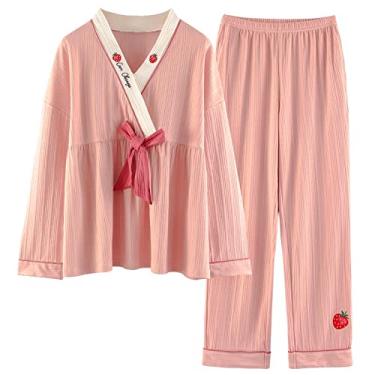 Imagem de HHHJQFAAT Pijama feminino outono inverno conjuntos de pijama quimono rosa mulher casa roupa de dormir conjunto de pijama XXL CLDR820 (Cldr8201 Médio)