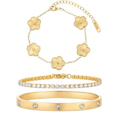 Imagem de Pulseiras femininas, banhado a ouro 18 K, conjunto de pulseiras de tênis com trevo floral, 3 peças, aço inoxidável, zircônia cúbica, não mancha, joia moderna, presente para ela no dia dos namorados