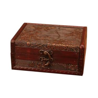 Imagem de Caixa de madeira vintage baú de tesouro com botão de punho de joias pequeno organizador de armazenamento de presente