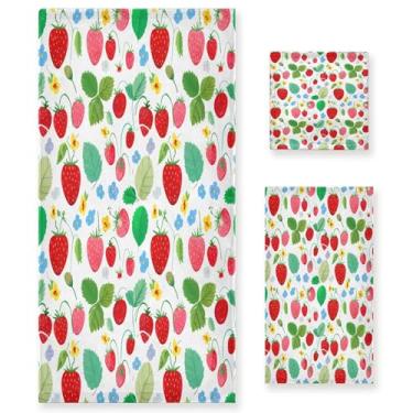 Imagem de xigua Conjunto de toalhas de banheiro morangos absorvente macio 3 peças toalha de banho toalha de mão toalhas decorativas para banheiro, academia, hotel, praia, piscina