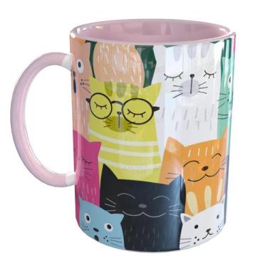 Imagem de Caneca Porcelana Mundo Felino Colorido Gatos - Pense Canecas, Rosa Cla