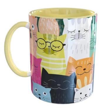 Imagem de Caneca Porcelana Mundo Felino Colorido Gatos - Pense Canecas, Amarelo