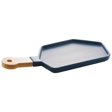 Imagem de Petisqueira Porcelana com Cabo Bambu Azul Matt 40x19x2cm - Bon Gourmet