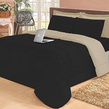 Imagem de Jogo de cama Casal com edredom lençol fronha função cobre leito e cobertor (Preto e Bege)