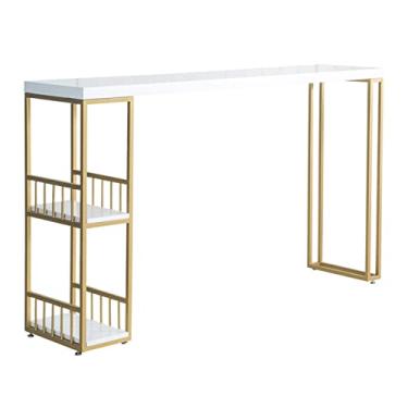 Imagem de KIZQYN Mesa de bar de madeira mesa de bar armazenamento duplo mesa alta loja de chá de leite mesa de jantar casual contra mesa de bar, cadeiras não incluídas conjunto de mesa de pub (tamanho: 100 * 40 * 105 cm)
