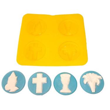 Imagem de Moldes flexíveis – religiosos – mãos de oração, Lilly de Páscoa, cruz sagrada, copo de confirmação (4 cavidades) – moldes de menta de queijo cremoso – doces derretem – caramelos – moldes macios de doces