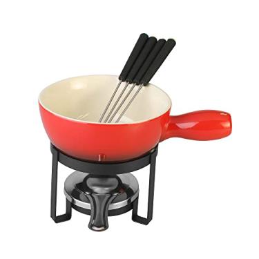 Imagem de LYOR - Aparelho de Fondue 8 Peças para Queijo de Ferro com Pintura Epoxy e Cerâmica Vermelho - Ideal para Queijo
