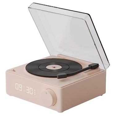 Imagem de Alto-falante sem fio portátil, alto-falante despertador de disco de vinil giratório retrô, alto-falante externo com graves profundos, som estéreo de 360 ​​graus, alcance sem fio de 10M, adequado para escritório, caminhadas, praia, ao ar livre, acampamento (Rosa)
