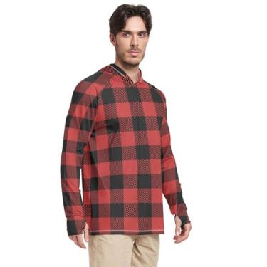 Imagem de Camisetas masculinas com capuz e proteção UV manga comprida xadrez vermelho preto FPS 50 + camisas masculinas à prova de sol Rashguard para homens, Xadrez vermelho e preto, XXG