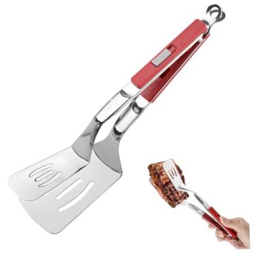 Imagem de Jrsoul He Pinça de espátula de cabo estendido antiqueimadura de 29 cm multifuncional de aço inoxidável para cozinhar pá de comida para virar bife de peixe, pão, hambúrguer, churrasco, fritar,