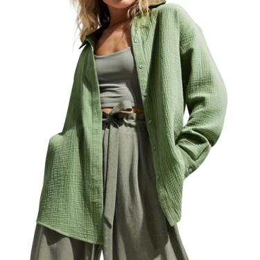 Imagem de PEHMEA Blusa feminina casual com decote em V de algodão, crepe e manga comprida, cor lisa, Verde, M