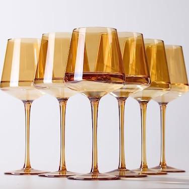 Imagem de Conjunto de 6 taças de vinho âmbar - taças de vinho coloridas com haste e fundo plano, taças de vinho coloridas modernas, sopradas à mão, duráveis - presentes para amantes de vinho, chá de panela,
