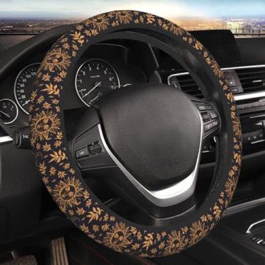 Imagem de Protetor de capa de volante de carro com folhas elásticas de sol e lua atualizado, dourado boho preto, antiderrapante, durável, macio, decoração de interiores para diversos carros, caminhões, SUV para homens e mulheres, universal, 38 cm