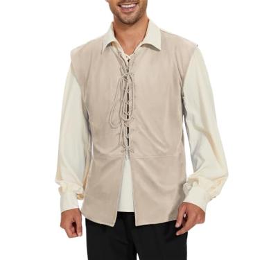 Imagem de American Trends Fantasia renascentista masculina pirata colete viking renascentista steampunk fantasia medieval masculina, Bege, M