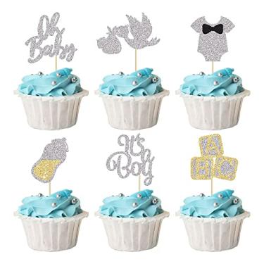 Imagem de 24Pcs Oh Baby Boy Cupcake Toppers Silver Glitter Onesie Bottle Swan Baby Shower Boy Cupcake Picks Gender Reveal Theme Baby Shower Boys Birthday Party Cake Decorations