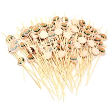 Imagem de Honbay 100 peças de hambúrguer, bambu, palitos de coquetel de frutas, palitos de hambúrguer, topos de cupcake, sanduíche, aperitivo, espetos decorativos, bebidas, enfeites, feriados, festas de