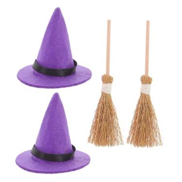 Imagem de SHOWERORO 2 Sets Halloween Witch Hats Brooms Doll House Scene Layout Decors Halloween Decor Dollhouses Miniature Witch Accessories Halloween Decorations