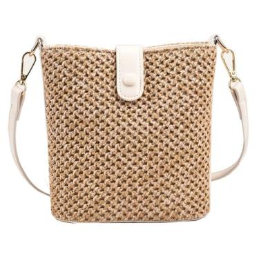 Imagem de Bolsas de praia de palha para mulheres bolsa de vime bolsa transversal de palha de verão bolsa de mão bolsa de mão bolsa de ombro pequena bolsa balde 2024, Branco-grande