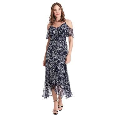 Imagem de London Times Vestido maxi feminino com estampa floral ombro vazado com detalhes de babados, Azul marinho/branco macio, 38