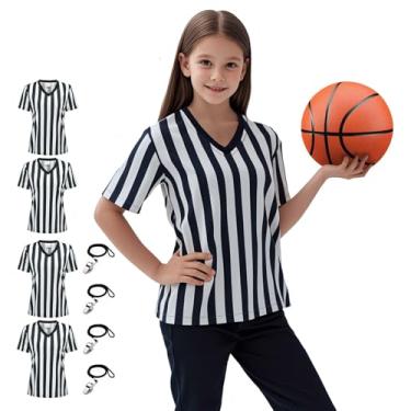 Imagem de Ref Shirts for Kids Camiseta de árbitro listrada preta e branca para crianças com decote em V profissional uniforme oficial de árbitro basquete, futebol, vôlei, fantasia de cosplay de Halloween,