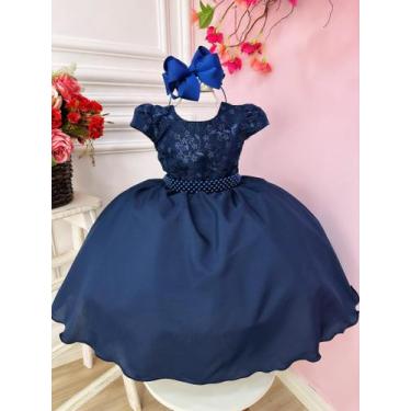 Imagem de Vestido Infantil Azul Marinho Busto C/ Renda e Cinto Pérolas - Piu Bel