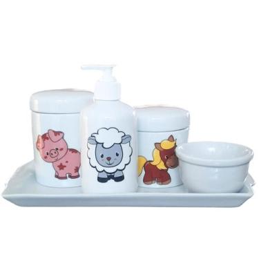 Imagem de Kit higiene bebê Fazendinha 5 peças - Bandeja, potes, porta álcool e m