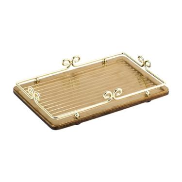 Imagem de Fenteer Bandeja de servir de comida com moldura de metal placa de madeira retangular lanche placa de café Organizador para casamento no banheiro casamento