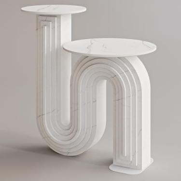 Imagem de Mesa lateral moderna em forma de U: mesa lateral moderna em forma de u mesa de canto de mármore com design de duas camadas para decoração e utilidade (branca)