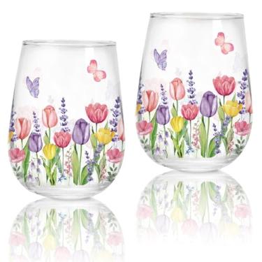 Imagem de Whaline 2 peças de copos de vinho sem haste para primavera, verão, 482 g, tulipa lavanda borboleta, copos de aquarela para primavera, verão, artigos de festa de aniversário
