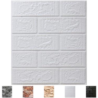 Imagem de Pacote com 10 painéis de parede 3D que descascam e colem, papel de parede 3D de espuma à prova d'água, papel de parede autoadesivo de espuma para quarto, banheiro, cozinha (34,8 x 38,4 cm)