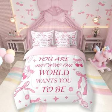 Imagem de Conjunto de edredom infantil casal com laço rosa, cerejeira, frutas tropicais, princesa, gravata borboleta, estrelas, margarida, floral, romântico (edredom + lençol de cima + 2 fronhas + 2 fronhas de