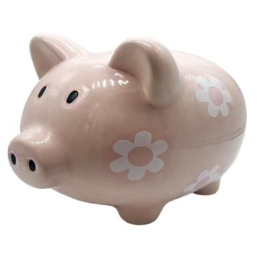 Imagem de Cofre Porquinho Decorativo em Porcelana, Rosa com Flores, 22cm, para Quarto. Escritório, Cabeceira, Cofre Fofo Clássico