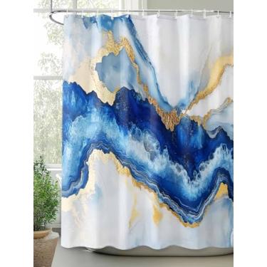 Imagem de Cortinas de chuveiro de mármore dourado azul para banheiro 183 cm x 183 cm, cortina de chuveiro de tecido impermeável com ganchos, acessórios de decoração de banheiro de arte moderna, conjunto de