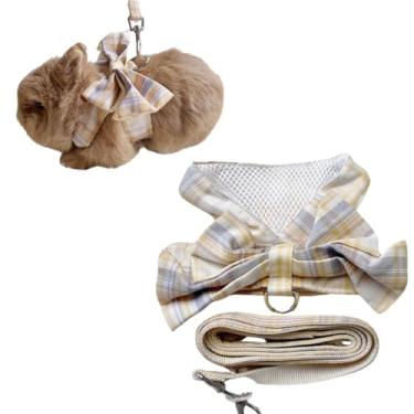 Imagem de Peitoral e coleira de coelho ajustável à prova de fuga para caminhada, corrida, acampamento, ao ar livre, lindo conjunto de coleira para animais pequenos (amarelo, grande)