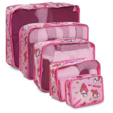 Imagem de Sanrio Cubos de embalagem Hello Kitty – 5 peças – Essenciais de viagem – Conjunto organizador de bagagem – Hello Kitty and Friends, My Melody, Kerromi, Kerropi, Badtz-Maru (My Melody)
