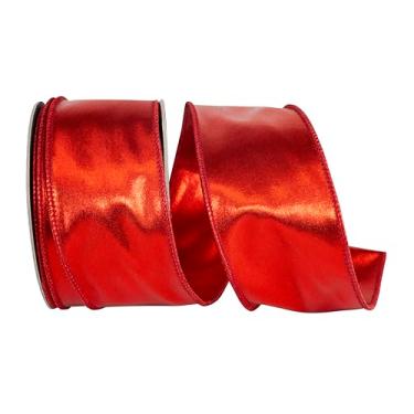 Imagem de Reliant Ribbon Fita espelhada Fantasy Metallic Deluxe frente e verso com fio, vermelha
