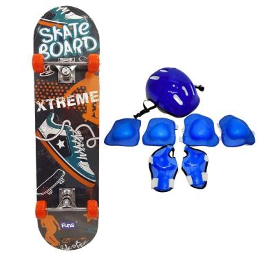 Imagem de Skate Infantil Old Shoes + Kit Proteção Completo Azul