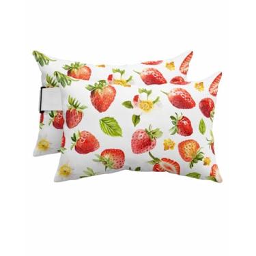 Imagem de Almofada de cabeça reclinável aquarela folhas de flor de morango vermelho almofada externa com enchimento, almofadas reclináveis à prova d'água, espreguiçadeira, almofada lombar para praia, frutas de