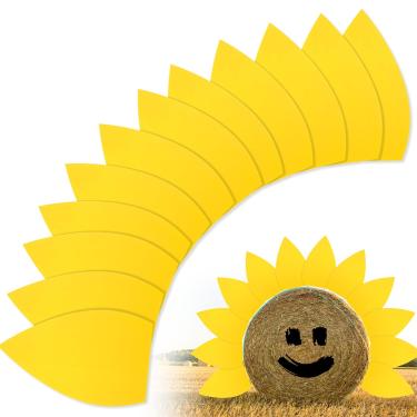 Imagem de Buryeah 12 conjuntos de fardos redondos de feno para decoração de pétalas de girassol para exibição de fardos de feno, exibição de Haybale de outono com estacas de metal, ideias de arte de fardos para