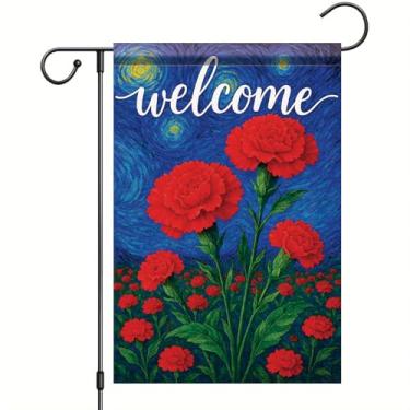 Imagem de Starlit Patio Welcome Van Gogh Bandeira de jardim céu estrelado vermelho cravo floral bandeira de quintal 30,5 x 45,7 cm decoração externa dupla face para primavera verão varanda gramado entrada